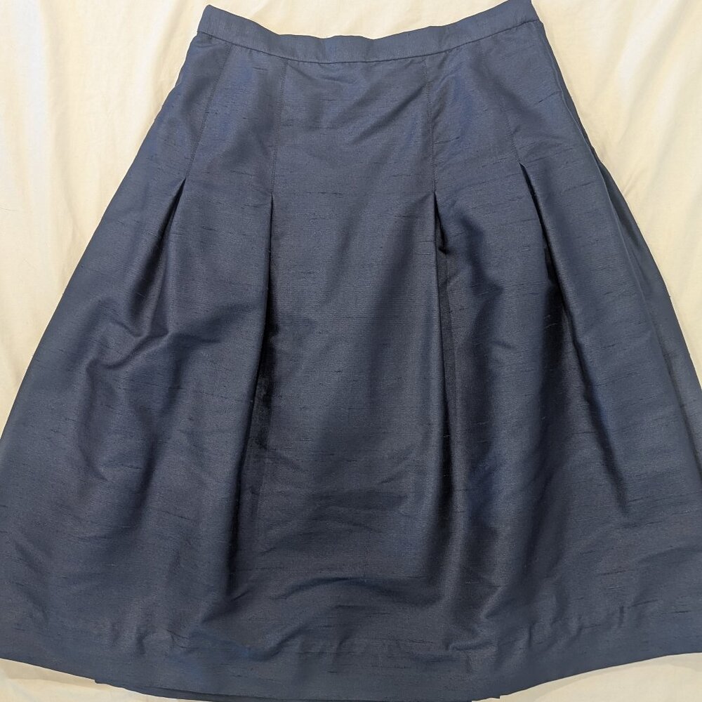 VTG 100% Silk Navy Blue Midi Skirt Sz 12 High Waist Pleated Flare Shiny Crepe